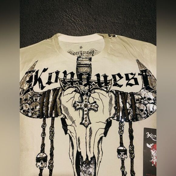 KonQuest RARE MEN’s skull T-Shirt Swarovski crystals & studded NWT size S. - Picture 3 of 13